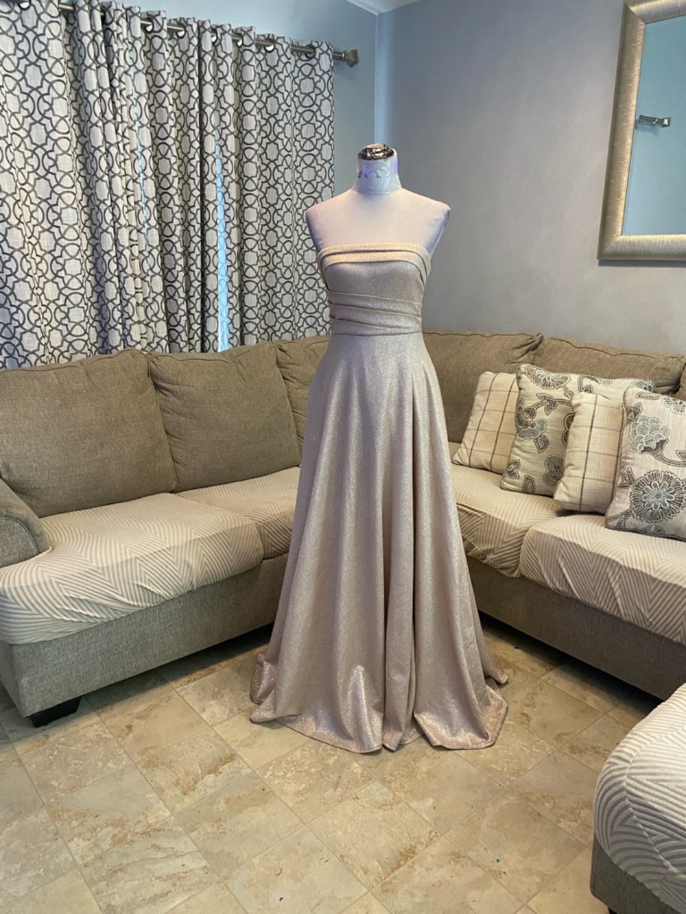 New Windsor Small Strapless champagne shimmery floor-length A-line formal dress